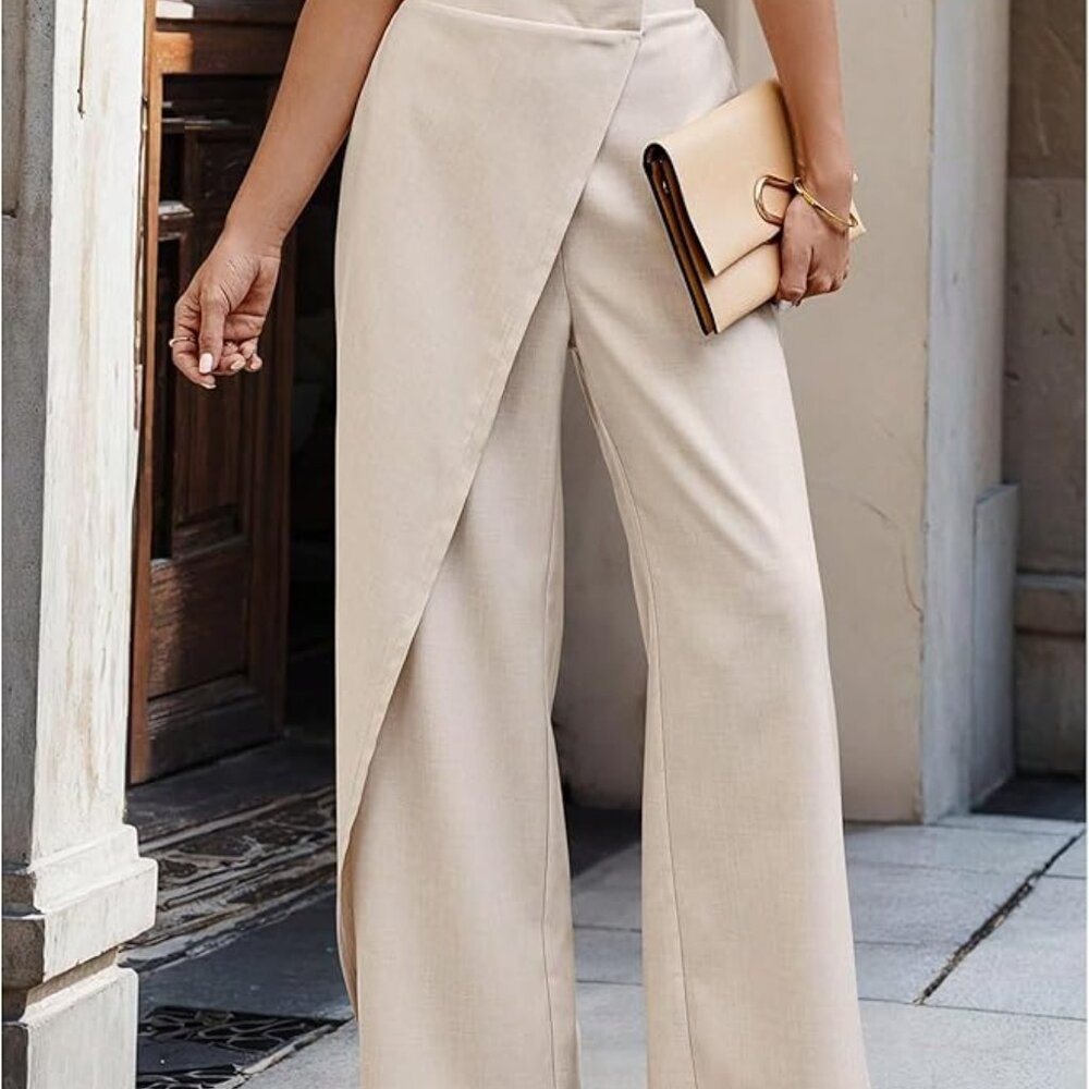 Beige Wide-Leg Blend Pants with Split Layer Detail – Medium Stretch
